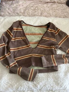 Urban Outfitters Brown Striped V-Neck Ribbed Crop Top